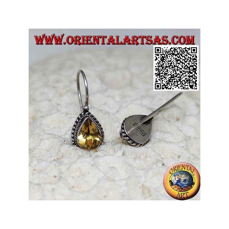 Silver earrings with natural teardrop yellow topaz surrounded by weaving