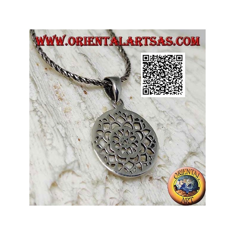 Silver pendant with openwork lotus flower in a circular medal
