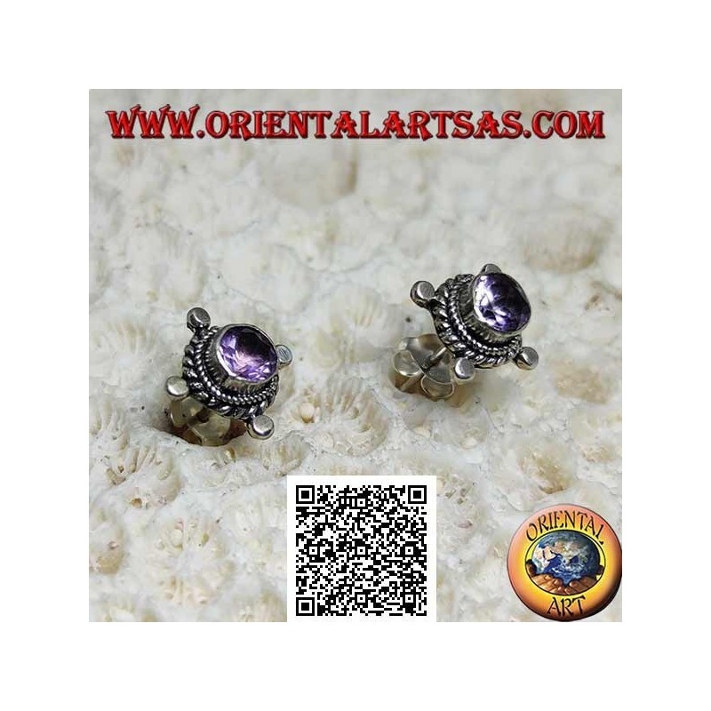 Silver earrings with round amethyst surrounded by interweaving and disks on the cardinal points