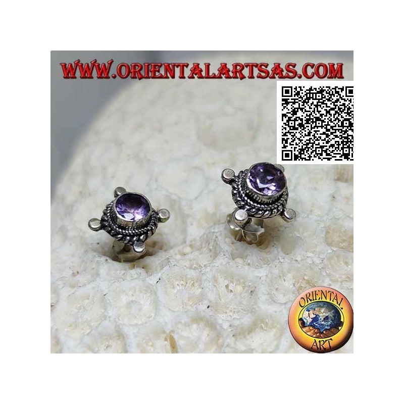 Silver earrings with round amethyst surrounded by interweaving and disks on the cardinal points