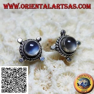 Silver earrings with round moonstone surrounded by interweaving and disks on the cardinal points
