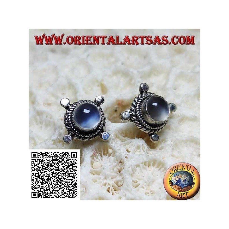 Silver earrings with round moonstone surrounded by interweaving and disks on the cardinal points
