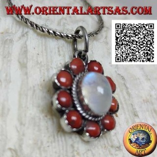 Silver flower pendant with oval moonstone surrounded by coral balls