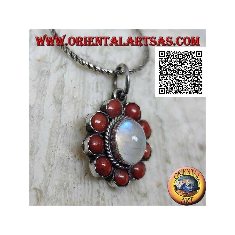 Silver flower pendant with oval moonstone surrounded by coral balls