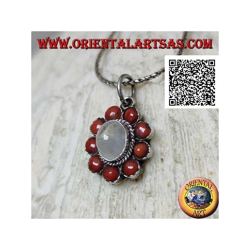 Silver flower pendant with oval moonstone surrounded by coral balls