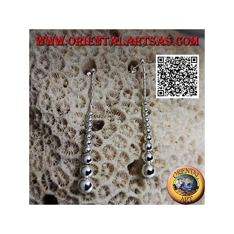 Silver lobe earrings with a row of hanging smooth growing balls