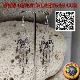 Silver leverback earrings with ethnic motif and smooth hanging rhombuses