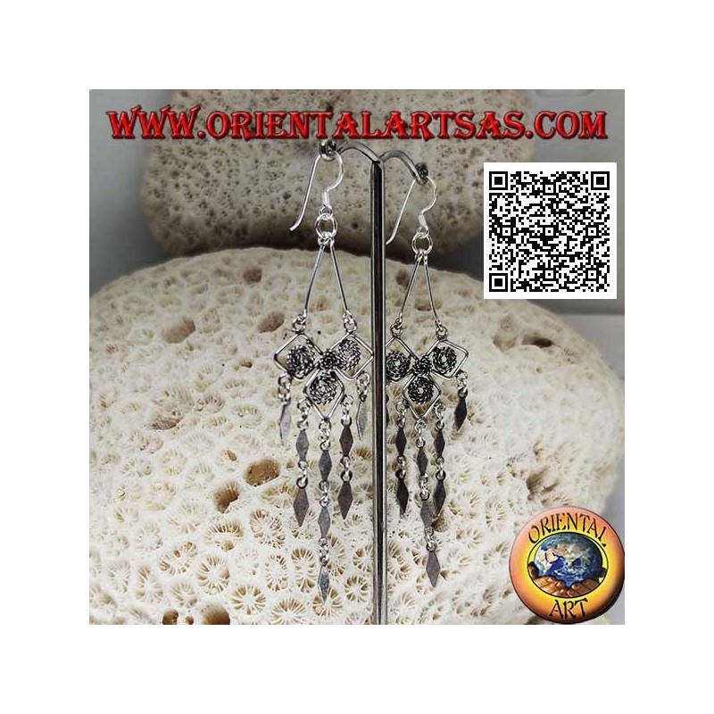 Silver leverback earrings with ethnic motif and smooth hanging rhombuses