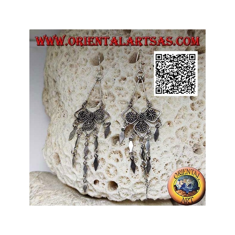 Silver leverback earrings with ethnic motif and smooth hanging rhombuses