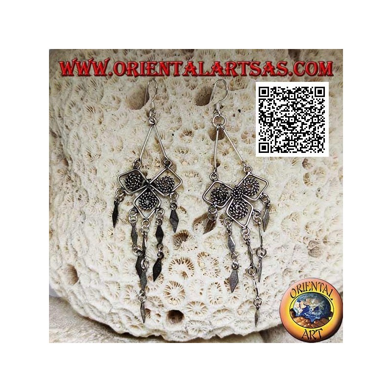 Boucles d'oreilles à levier en argent avec motif ethnique et losanges lisses suspendus