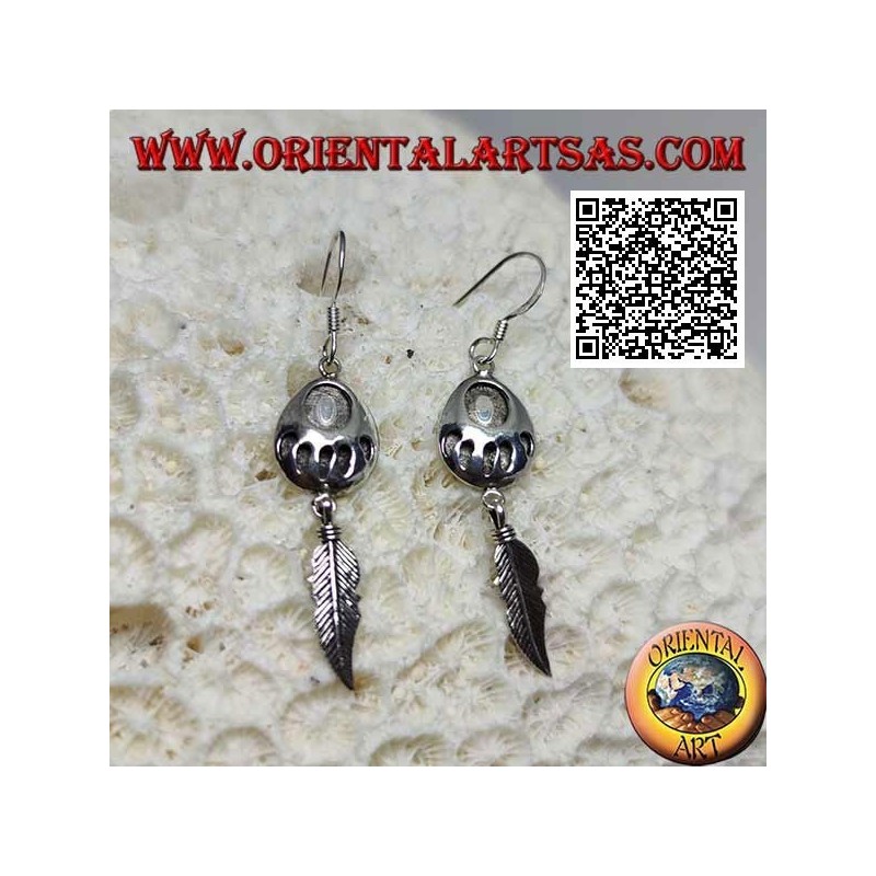 Silver leverback earrings with engraved footprint on medal and pendant feather