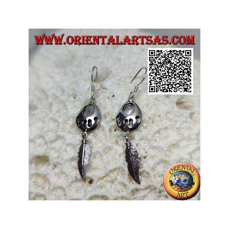 Silver leverback earrings with engraved footprint on medal and pendant feather