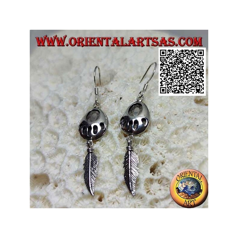 Boucles d'oreilles en argent avec empreinte gravée sur médaille et pendentif plume