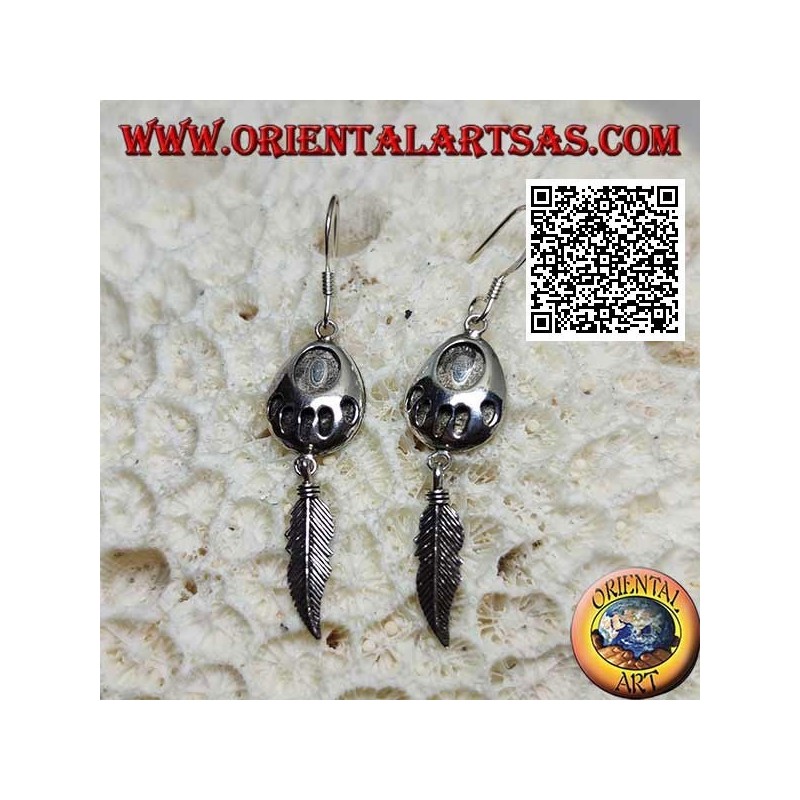 Boucles d'oreilles en argent avec empreinte gravée sur médaille et pendentif plume