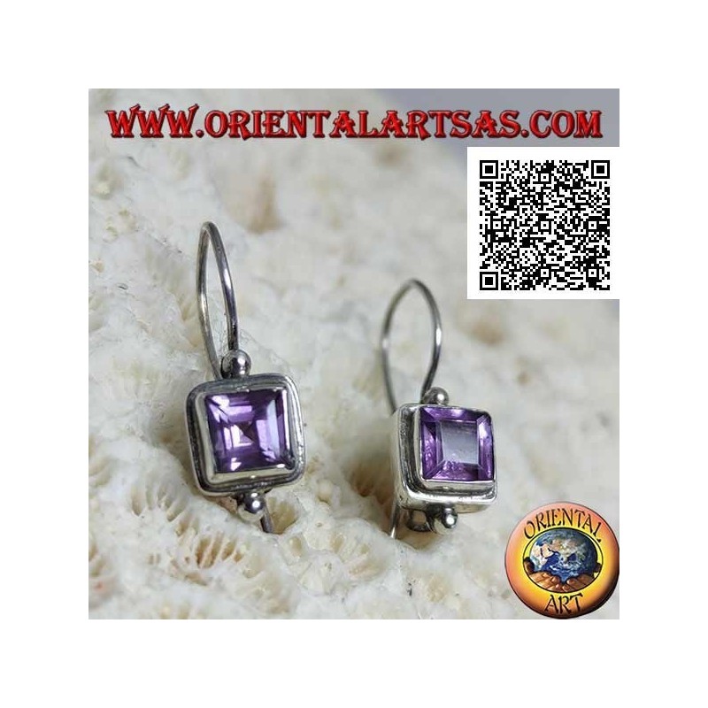 Silver earrings with faceted square amethyst on smooth setting with ball above and below