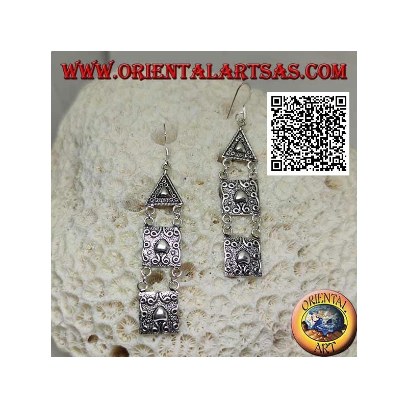 Silver hook earrings with triangular and square plates with high relief decoration