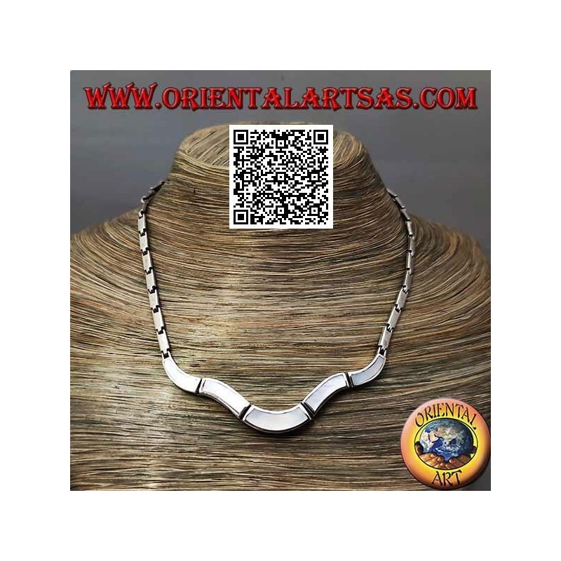 Collier ras de cou en argent 925 ‰, rectangles lisses et bord affleurant en nacre (undulata)