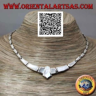 Collana in argento 925 ‰ a girocollo, rettangoli lisci e con madreperla a filo bordo centrale