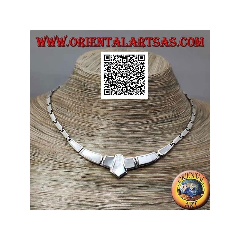 925 ‰ silver choker necklace, smooth rectangles and with mother of pearl flush with central edge