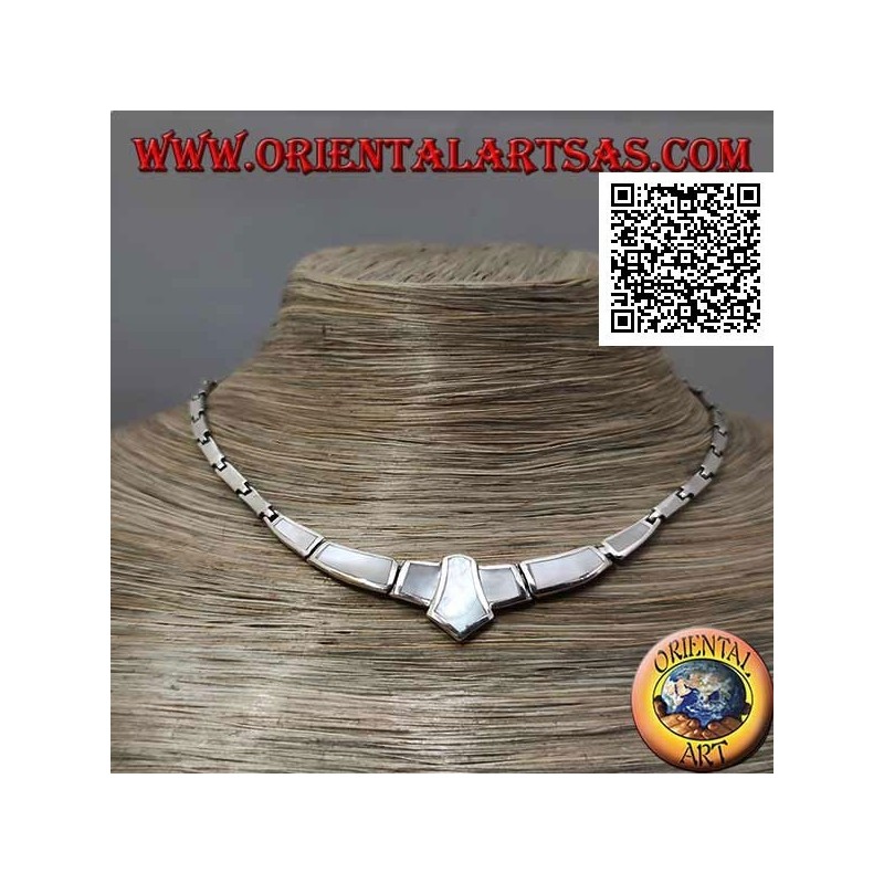 925 ‰ silberne Chokerhalskette, glatte Rechtecke und mit Perlmutt bündig mit der Mittelkante
