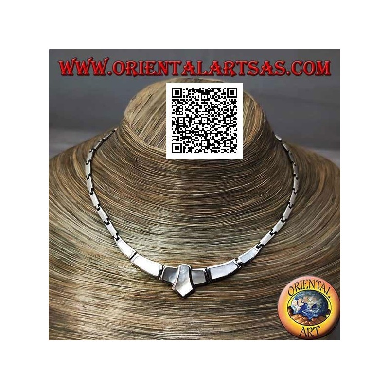 Collier ras de cou en argent 925 ‰, rectangles lisses et avec nacre au ras du bord central