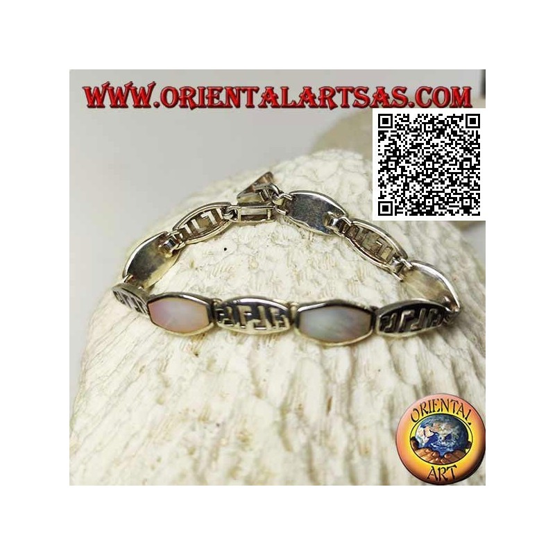 Silver bracelet rounded rectangular plates alternating with wire mother of pearl and perforated pattern