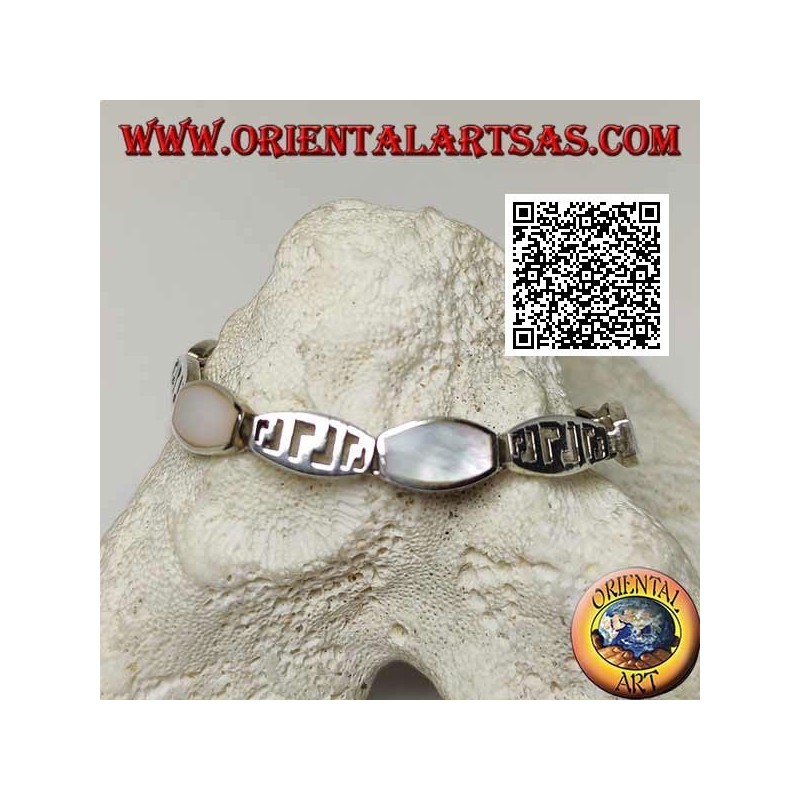 Silver bracelet rounded rectangular plates alternating with wire mother of pearl and perforated pattern
