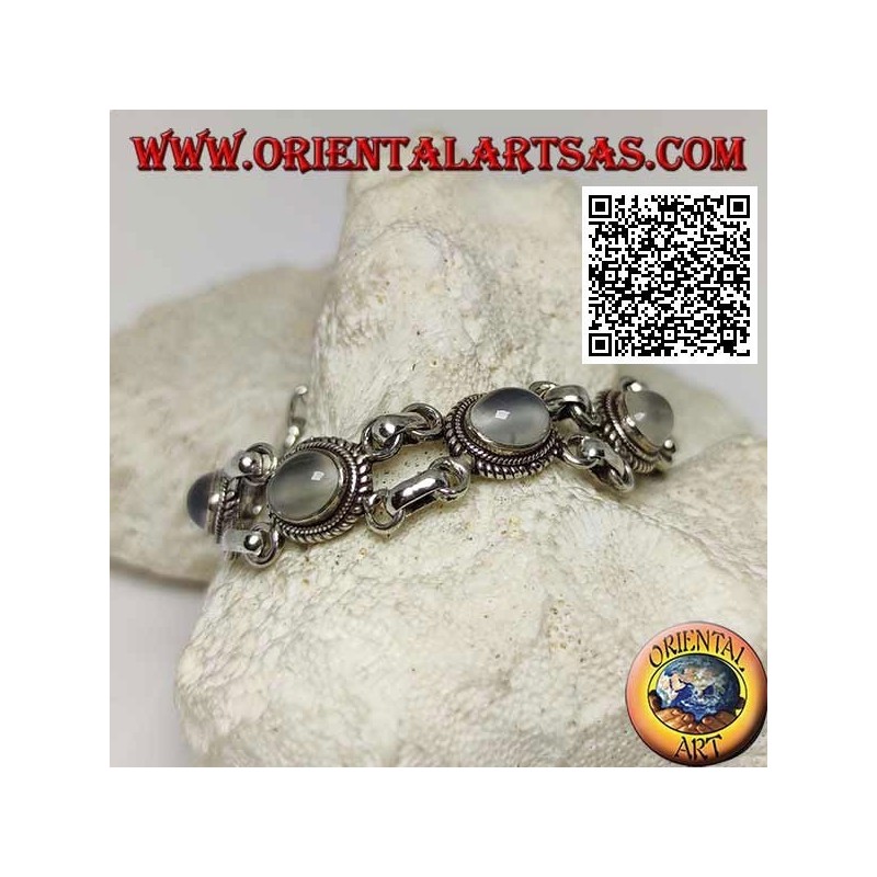 Bracciale in argento a doppia catena con 5 pietre di luna ovali cabochon contornate da intreccio