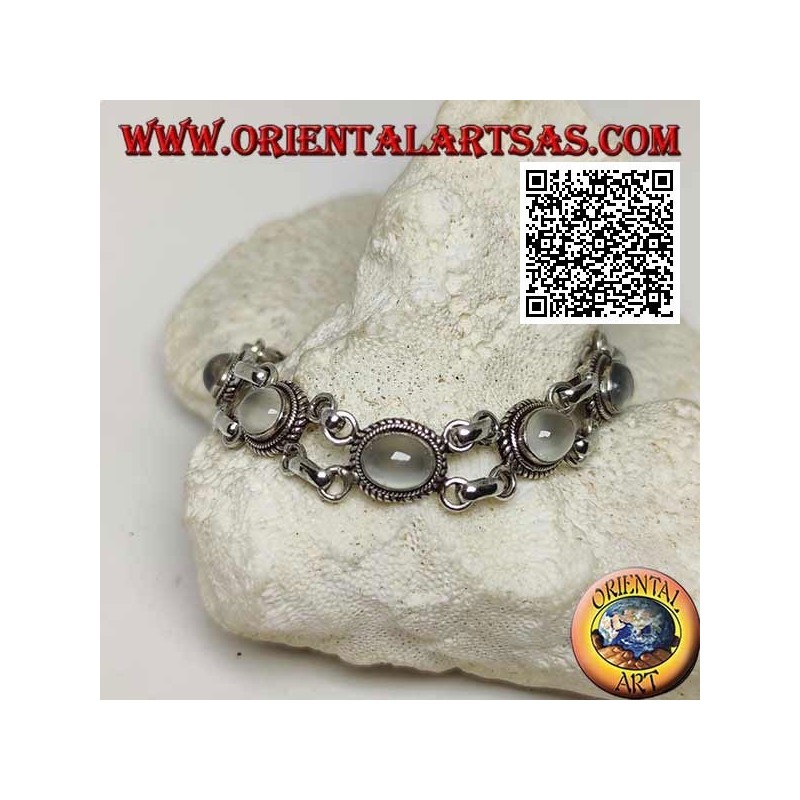 Bracciale in argento a doppia catena con 5 pietre di luna ovali cabochon contornate da intreccio