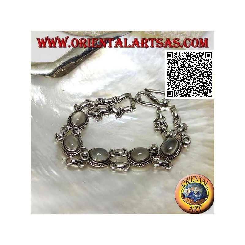 Doppelketten-Silberarmband mit 5 ovalen Cabochon-Mondsteinen, umgeben von Verflechtungen