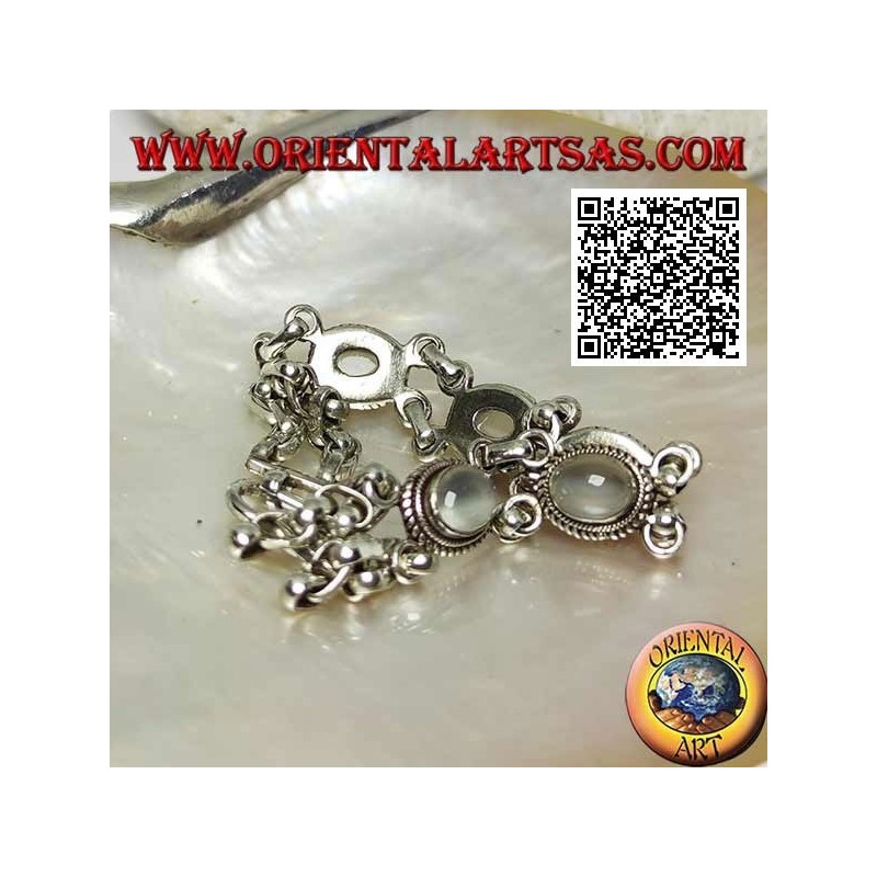 Bracelet argent double chaîne avec 5 pierres de lune ovales cabochons entourées d'entrelacs