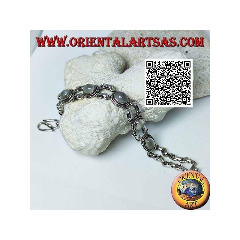 Pulsera de plata de doble cadena con 5 piedras de luna ovaladas cabujón rodeadas de entretejidos