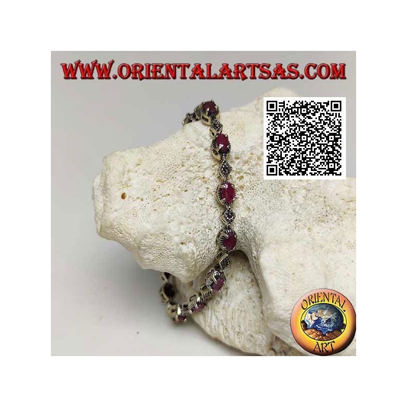 Bracciali in argento con 12 rubini ovali naturali incastonati alternati con rombi di marcassite