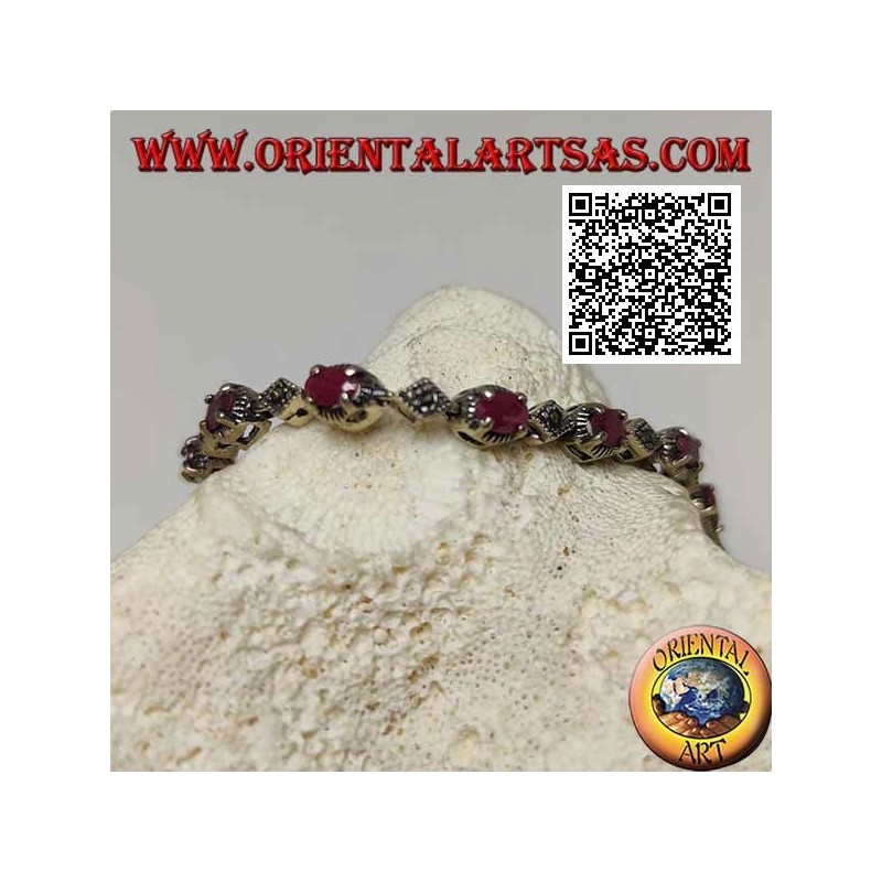 Silver bracelets with 12 natural oval rubies set alternating with marcasite rhombuses