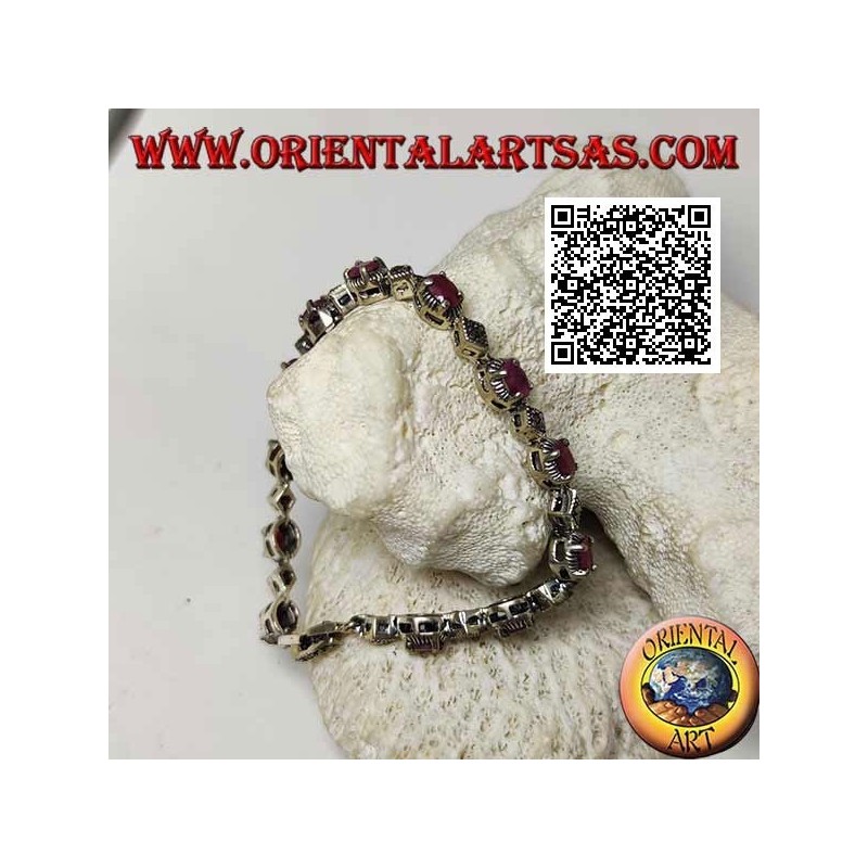 Silver bracelets with 12 natural oval rubies set alternating with marcasite rhombuses