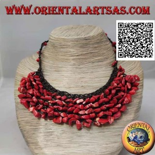 Macramé Choker Halskette mit Perlen und Korallenfragmenten