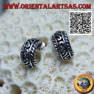 Semicircle silver earrings with openwork decoration and butterfly clasp