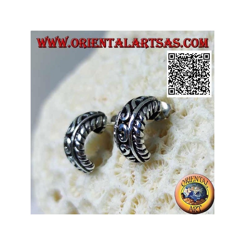 Semicircle silver earrings with openwork decoration and butterfly clasp