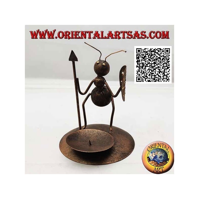 Wrought iron candle holder, warrior ant with spear and shield