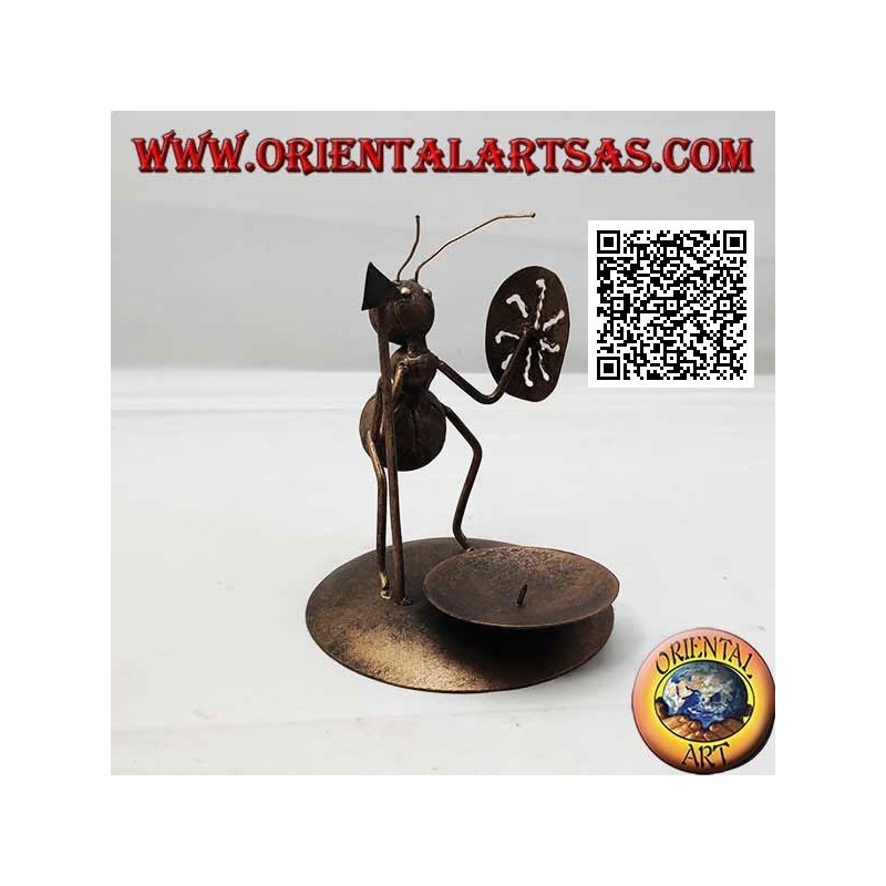 Wrought iron candle holder, warrior ant with spear and shield