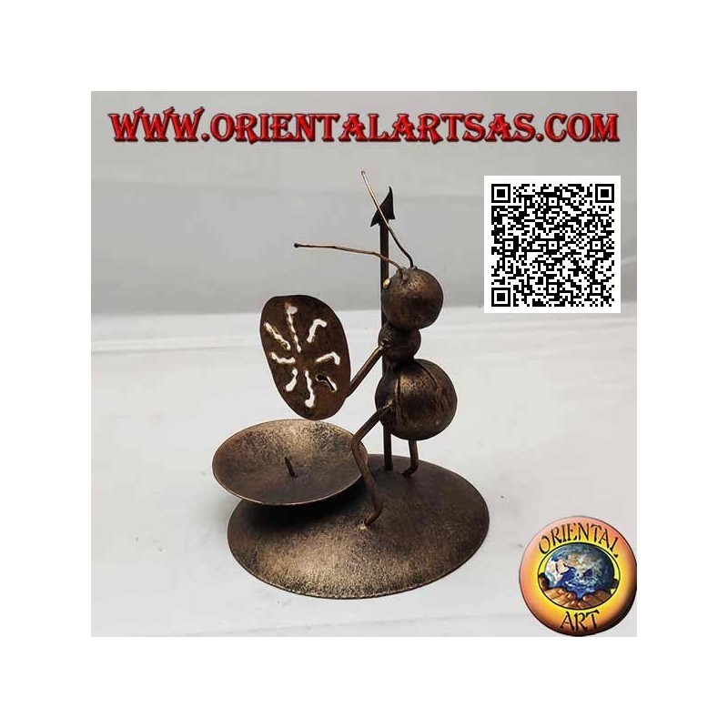 Wrought iron candle holder, warrior ant with spear and shield