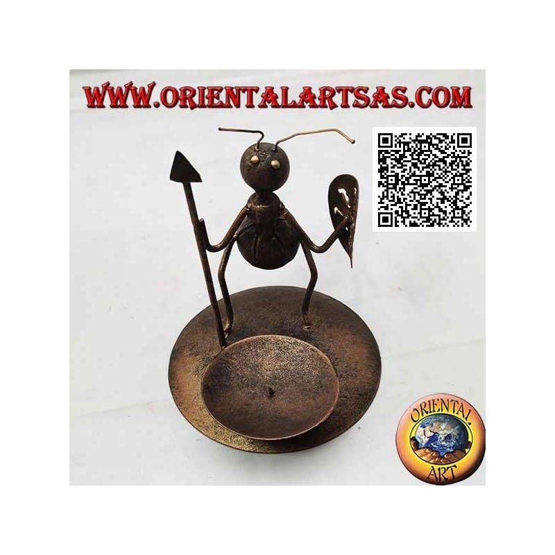 Wrought iron candle holder, warrior ant with spear and shield