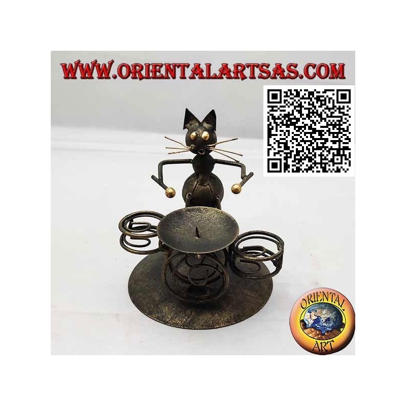 Wrought iron candle holder, the drummer cat