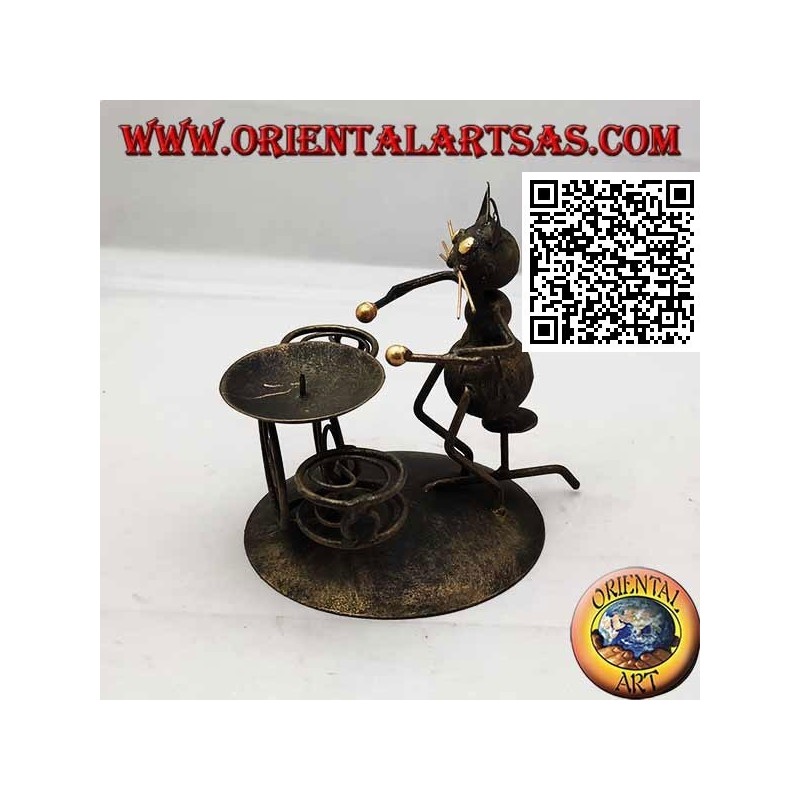 Wrought iron candle holder, the drummer cat