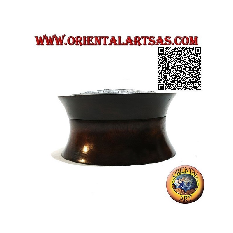 Cylindrical convex box in mahogany wood with nickel or silver plate of an elephant in the forest