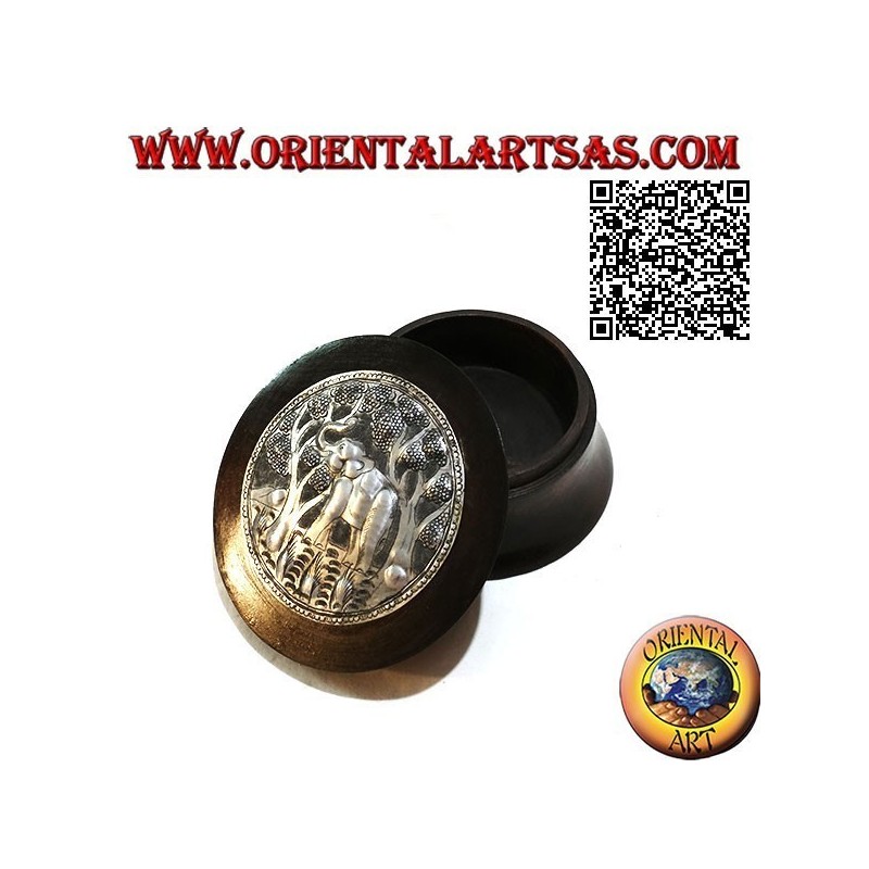 Cylindrical convex box in mahogany wood with nickel or silver plate of an elephant in the forest