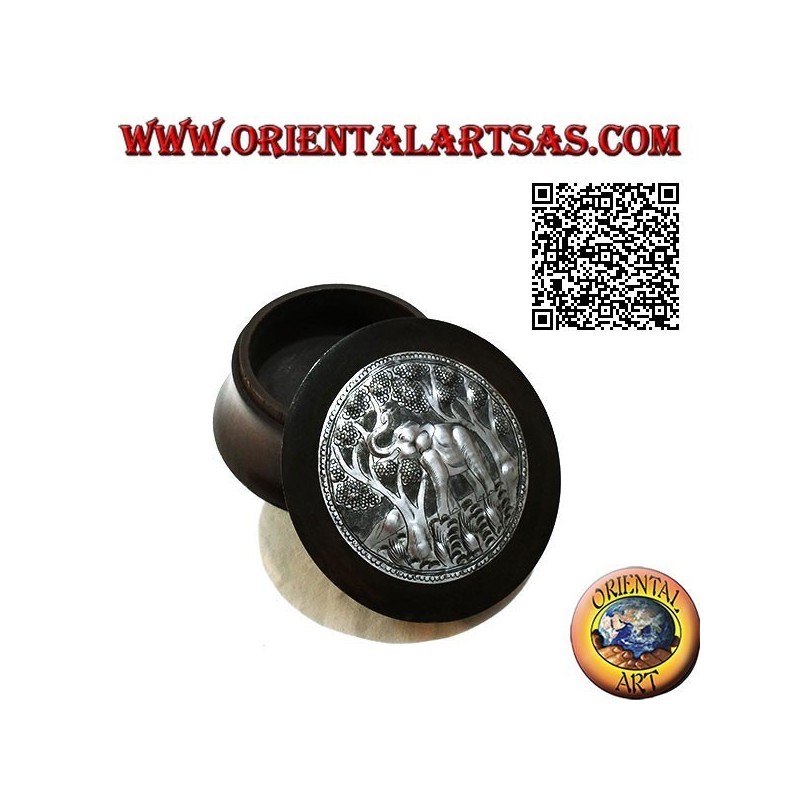 Cylindrical convex box in mahogany wood with nickel or silver plate of an elephant in the forest