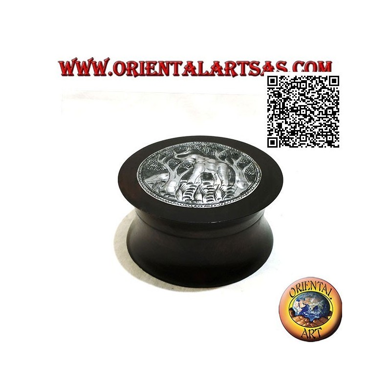 Cylindrical convex box in mahogany wood with nickel or silver plate of an elephant in the forest