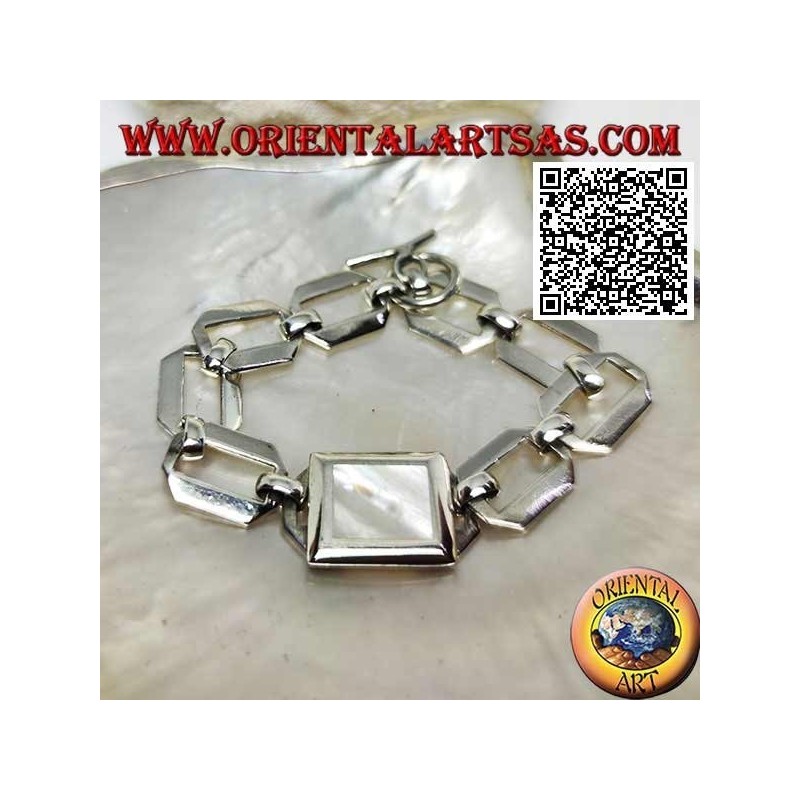Silver chain bracelet with squared rings with rectangular mother of pearl with smooth edge