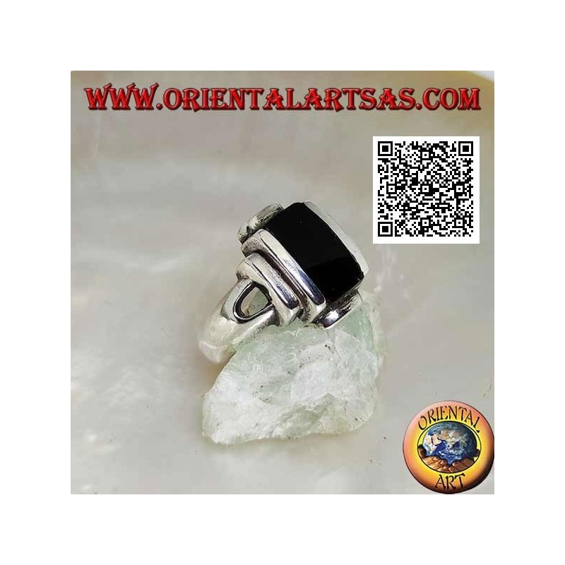 Silver ring with smooth overlapping rectangles and rectangular onyx
